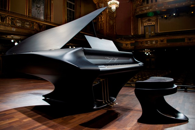 modern piano sitting on stage