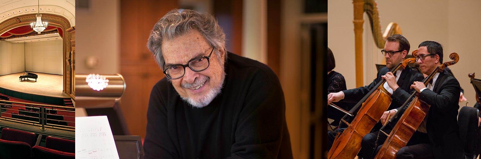 leon fleisher and strings instruments and auditorium in the background