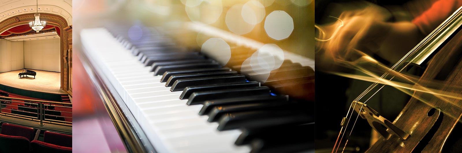 piano keys with a theater and string instrument in the background
