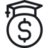 line drawn icon of a head with a graduation cap on and a dollar sign