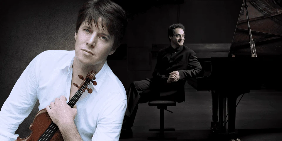 Joshua Bell holding an instrument and sitting at a piano