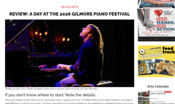 Press screenshot of a a review of a day at the Festival, featuring a photo of Bell Young Artist, Esteban Castro