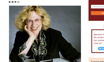 A screenshot of an interview with Sara Davis Buechner