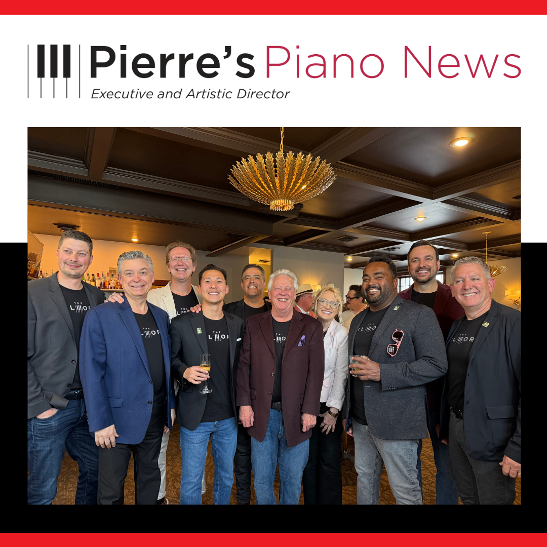 June 2026 Pierre's Piano News. Pierre plus many Gilmore friends wearing Gilmore t-shirts